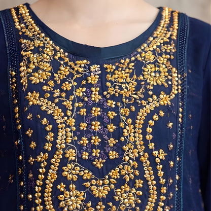 Blue Embroidered with Chiffon Dupatta