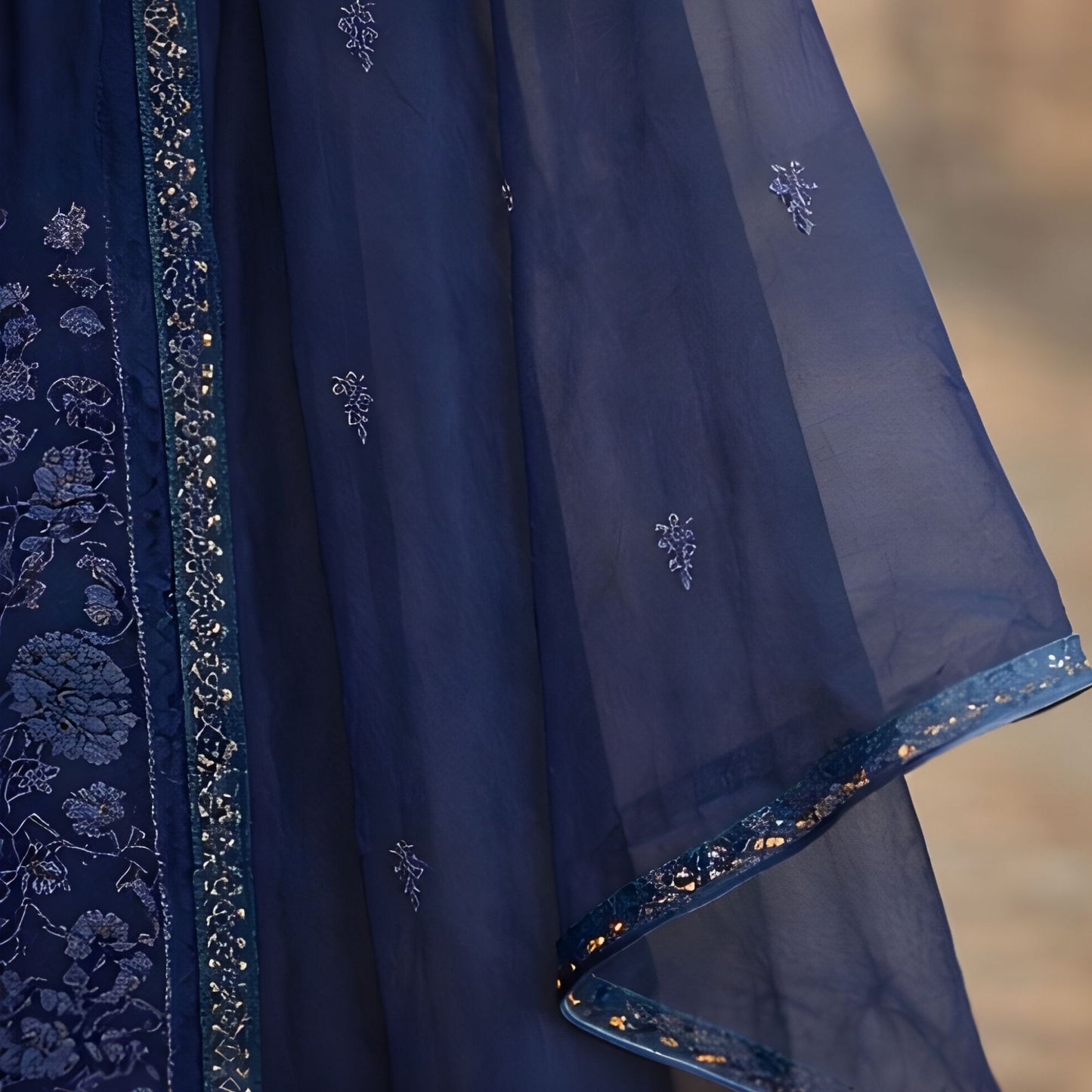 Blue Embroidered with Chiffon Dupatta