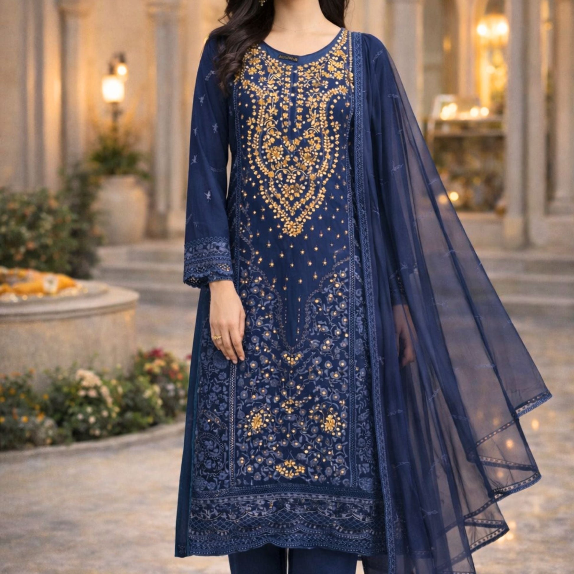 Blue Embroidered with Chiffon Dupatta - A.L.A Collection