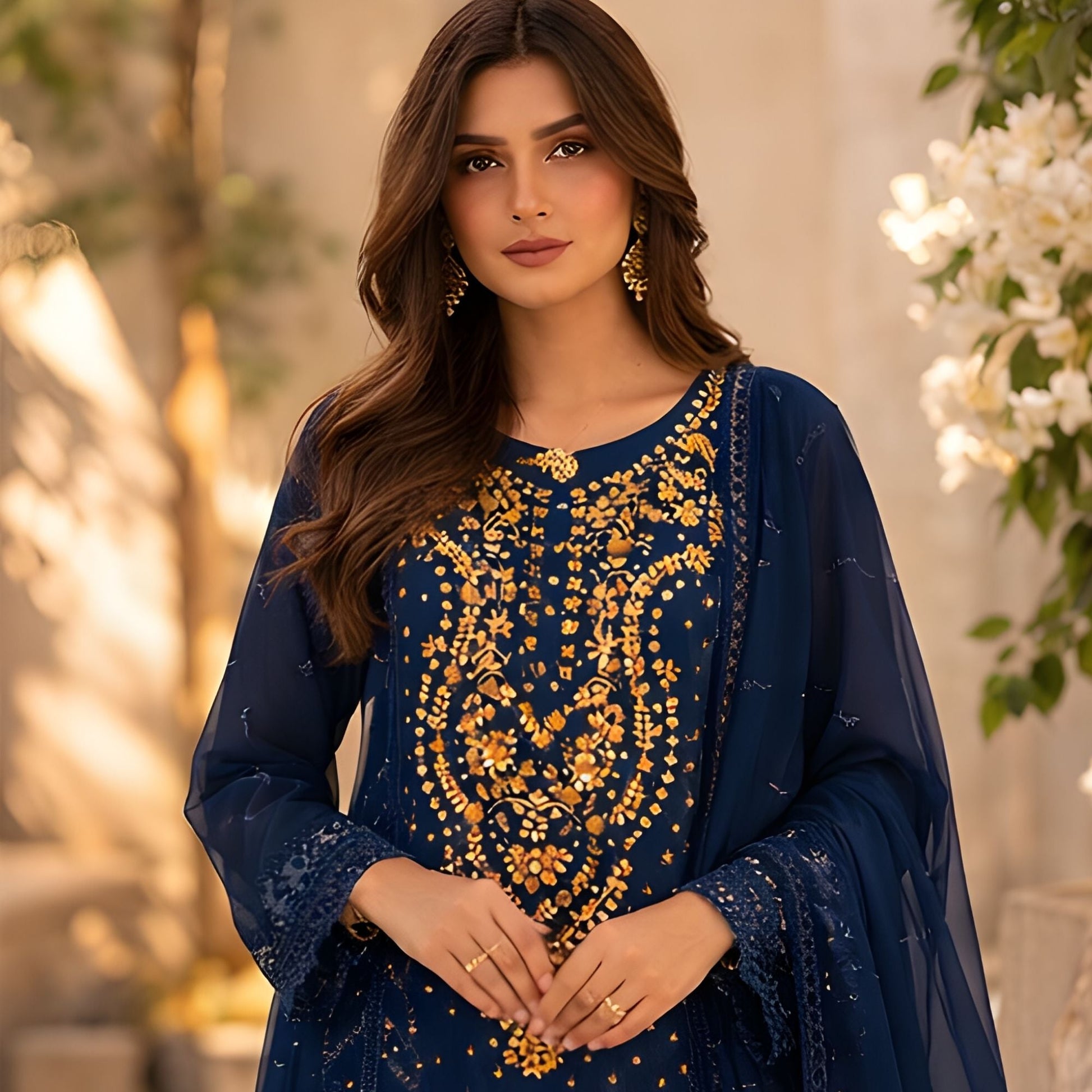 Blue Embroidered with Chiffon Dupatta - A.L.A Collection