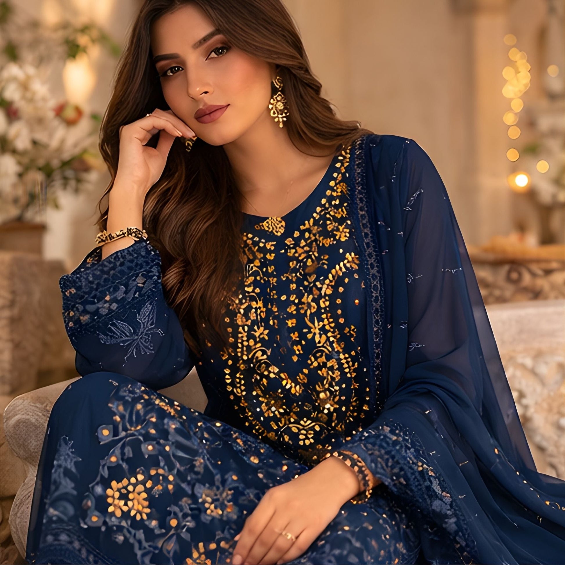 Blue Embroidered with Chiffon Dupatta - A.L.A Collection