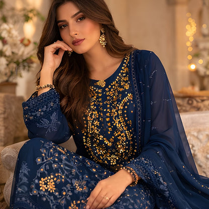 Blue Embroidered with Chiffon Dupatta - A.L.A Collection