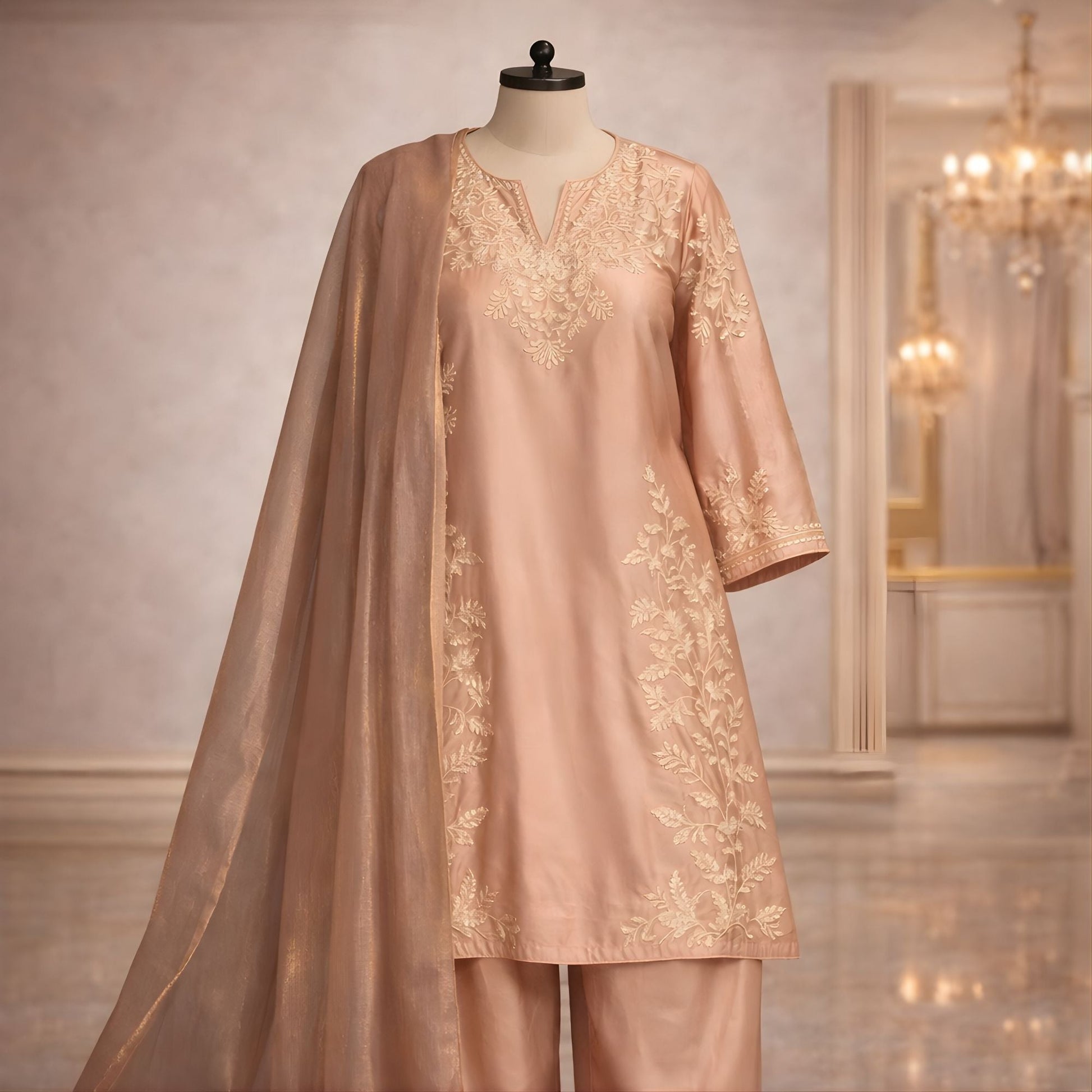 Blush Peach Silk 3 - Piece Embroidered Shalwar Kameez with Dupatta - A.L.A Collection