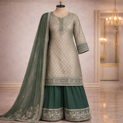 Emerald Green & Silver Silk 3 - Piece Plazo Suit - A.L.A Collection