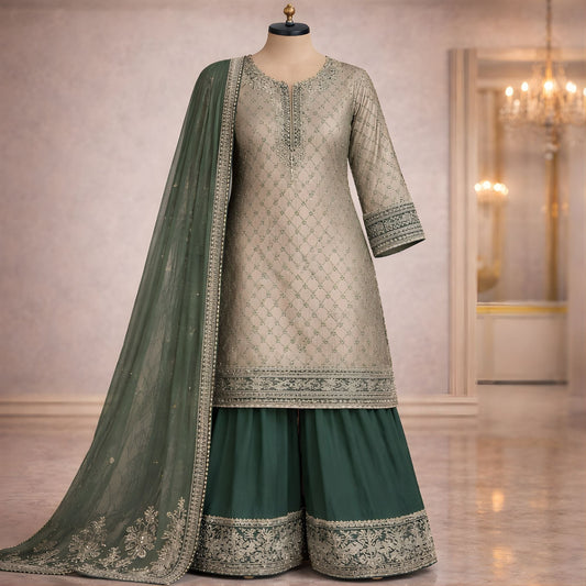 Emerald Green & Silver Silk 3 - Piece Plazo Suit - A.L.A Collection