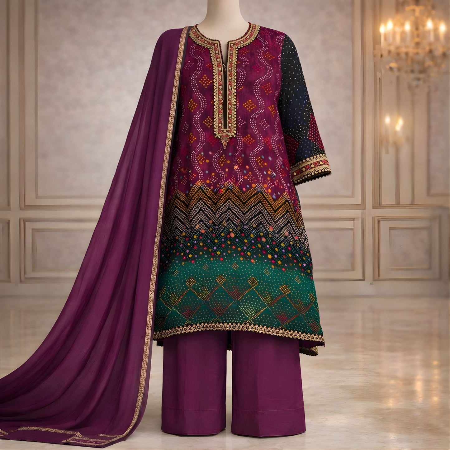 Ethnic Plum & Emerald 3 - Piece Embroidered Festive Salwar Kameez - A.L.A Collection
