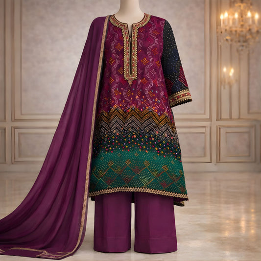 Ethnic Plum & Emerald 3 - Piece Embroidered Festive Salwar Kameez - A.L.A Collection
