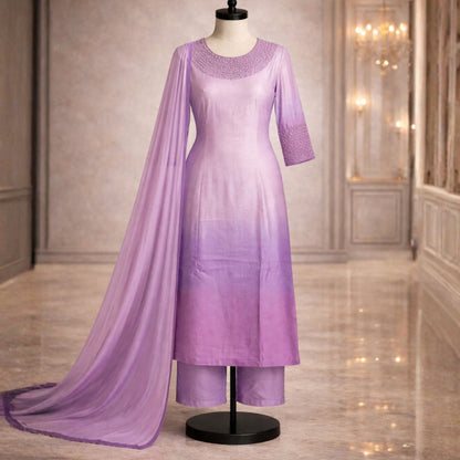 Lavender Ombre Silk 3 Piece Suit – Hand Embellished Trouser Kameez with Dupatta - A.L.A Collection