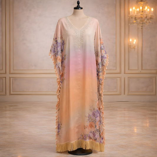 Luxury Modest Maxi Dress - Blush Floral Free Size Kaftan - A.L.A Collection