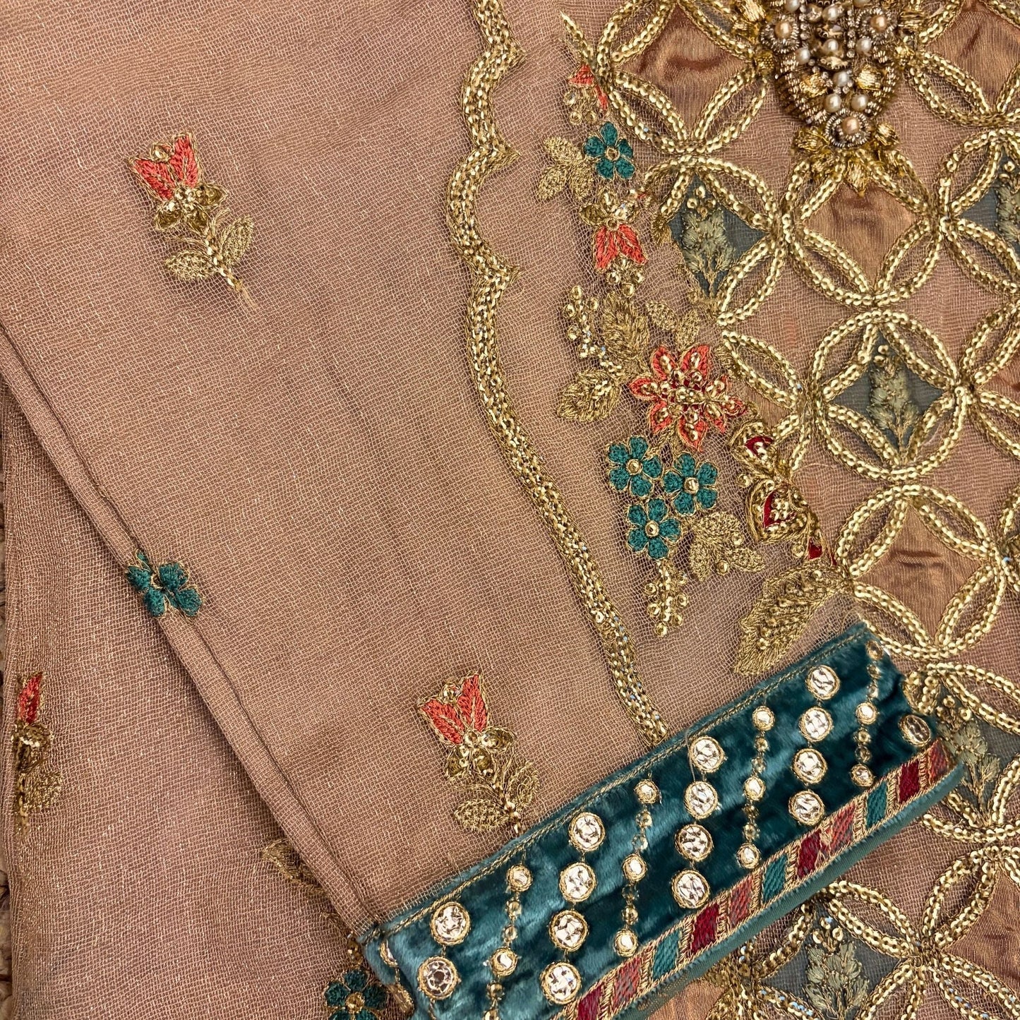Luxury Zari Net Embroidered Suit – Heavy Hand Embellished - A.L.A Collection