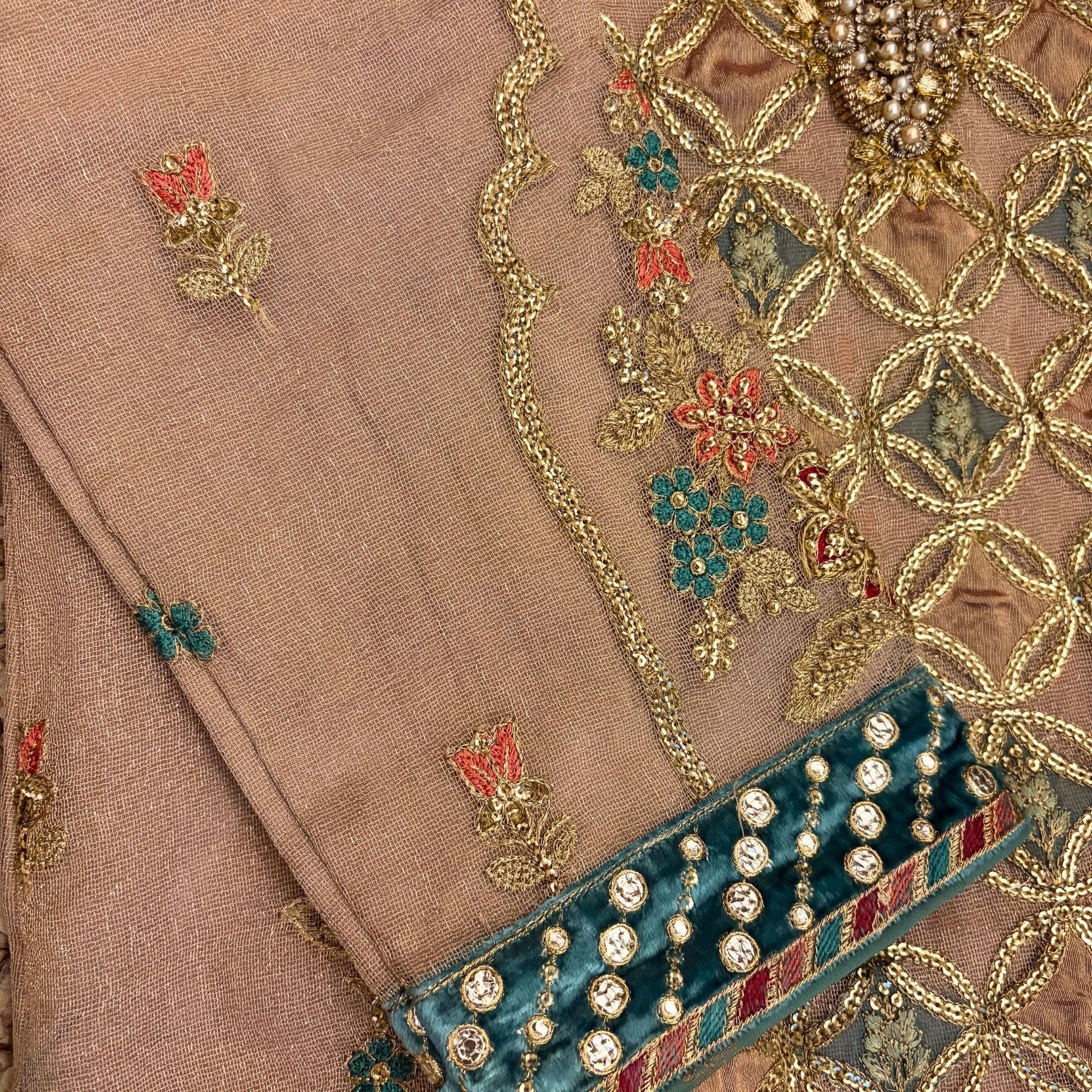 Luxury Zari Net Embroidered Suit – Heavy Hand Embellished - A.L.A Collection