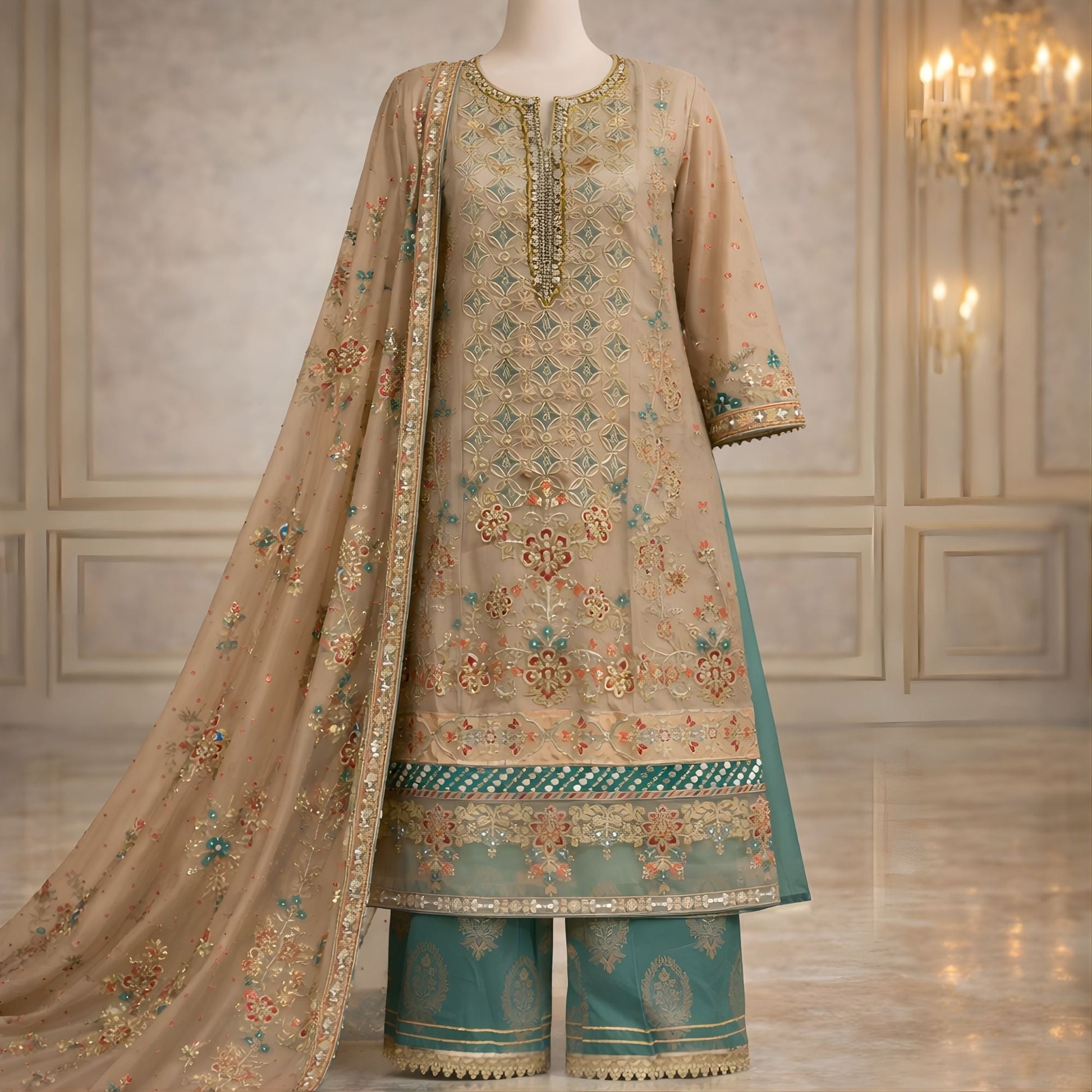 Luxury Zari Net Embroidered Suit – Heavy Hand Embellished - A.L.A Collection