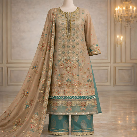 Luxury Zari Net Embroidered Suit – Heavy Hand Embellished - A.L.A Collection
