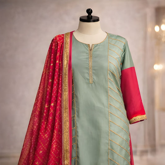 Mint Green & Hot Pink 3PC Stitched Suit with Tassel Dupatta - A.L.A Collection