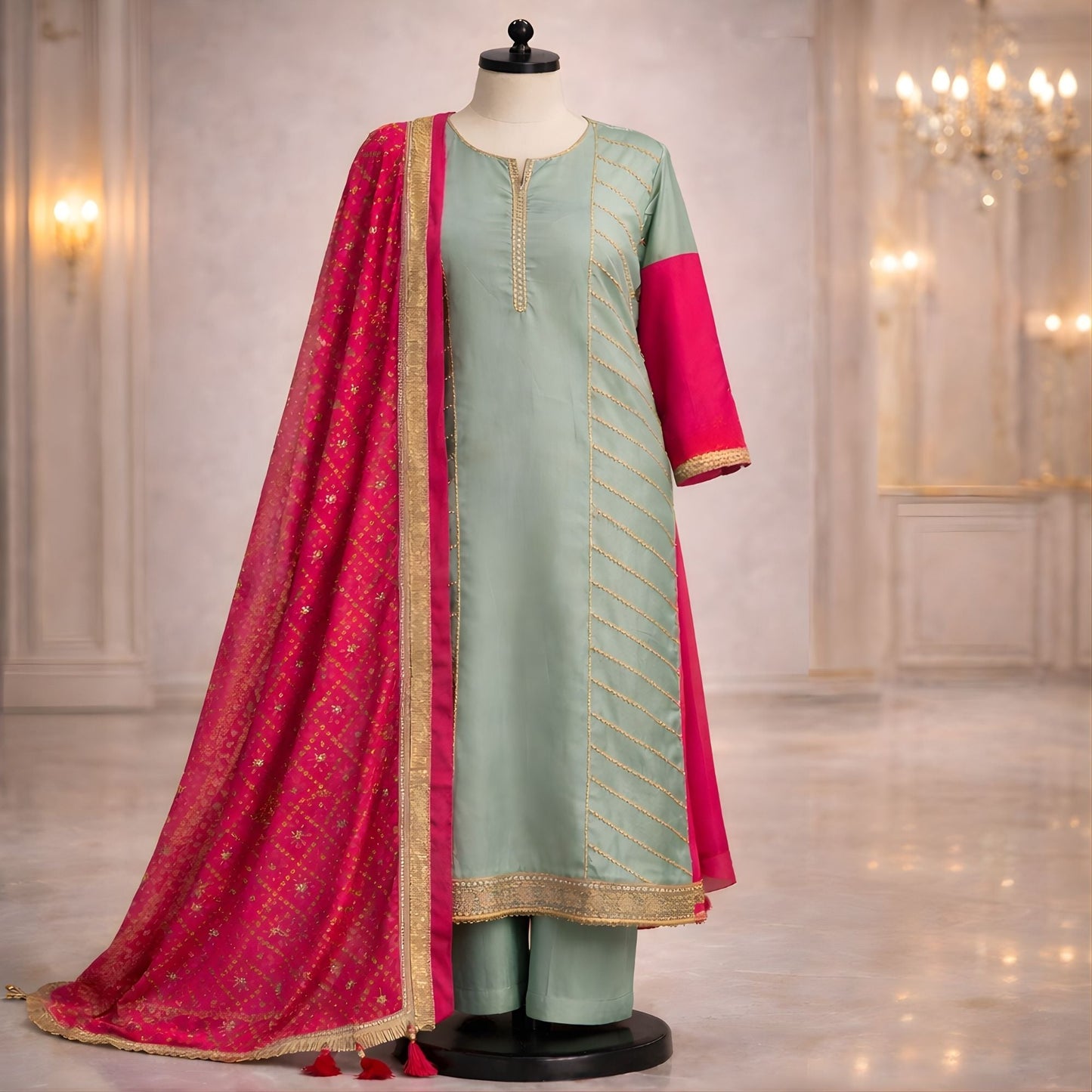 Mint Green & Hot Pink 3PC Stitched Suit with Tassel Dupatta - A.L.A Collection