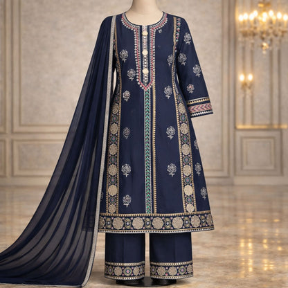 Navy Blue Block Print 3 - Piece Suit - A.L.A Collection