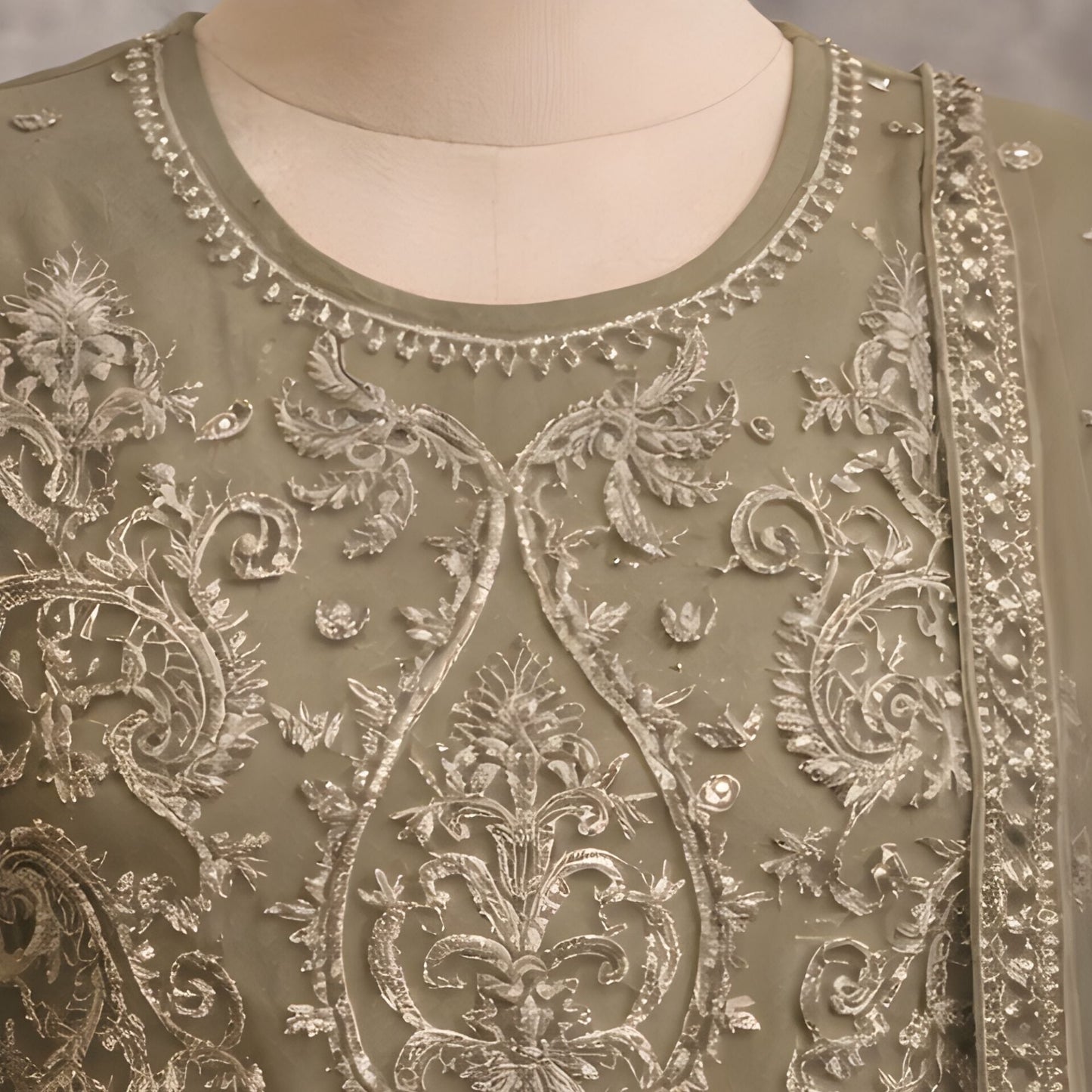 Olive Embroidered Net Maxi Gown - A.L.A Collection