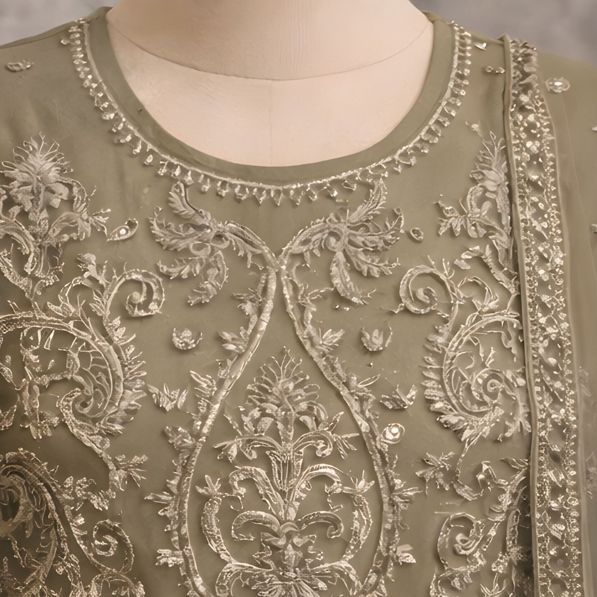 Olive Embroidered Net Maxi Gown - A.L.A Collection