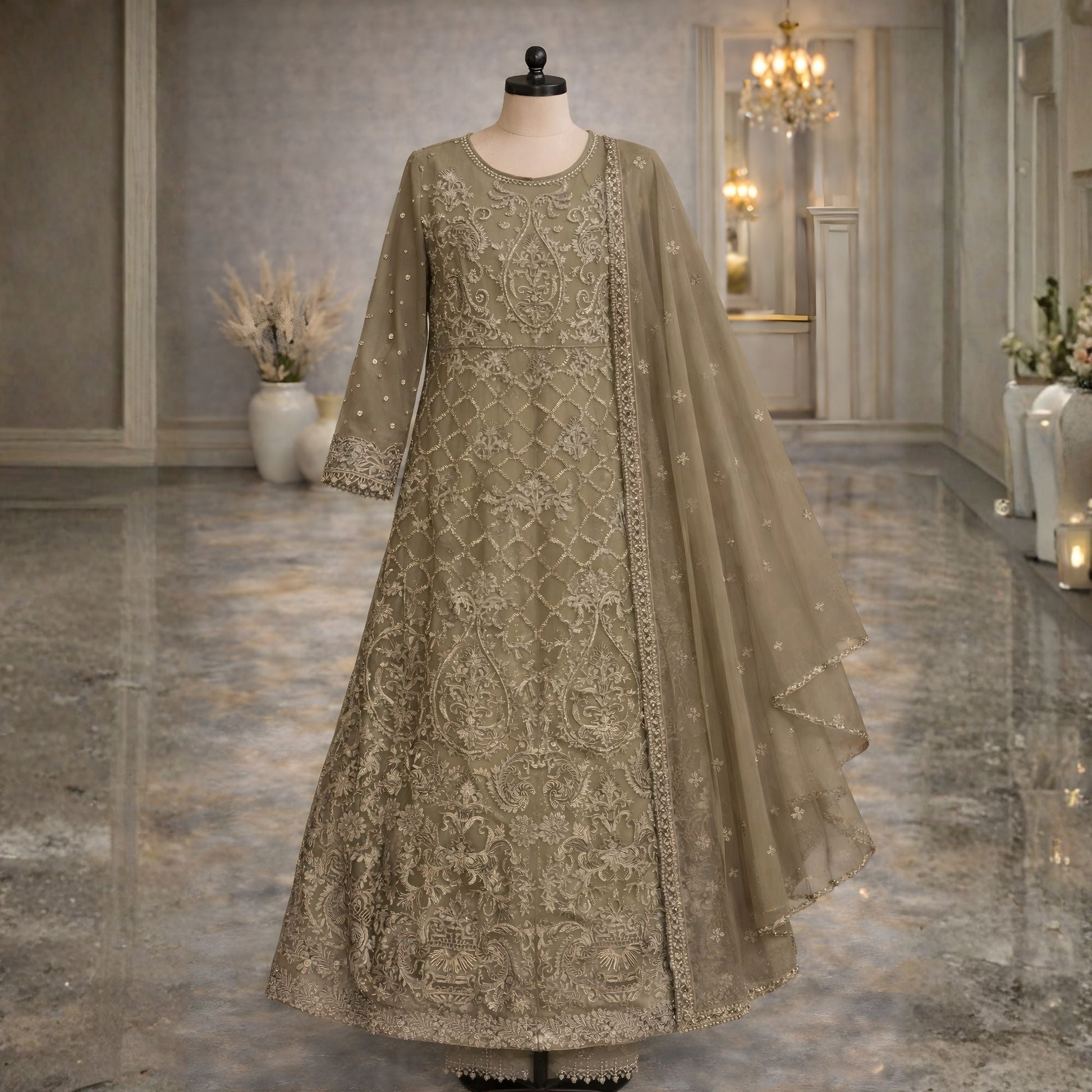 Olive Embroidered Net Maxi Gown - A.L.A Collection