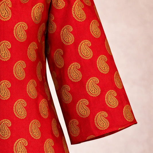 Red & Gold Silk 3 - Piece Shalwar Kameez with Plazo & Dupatta - A.L.A Collection