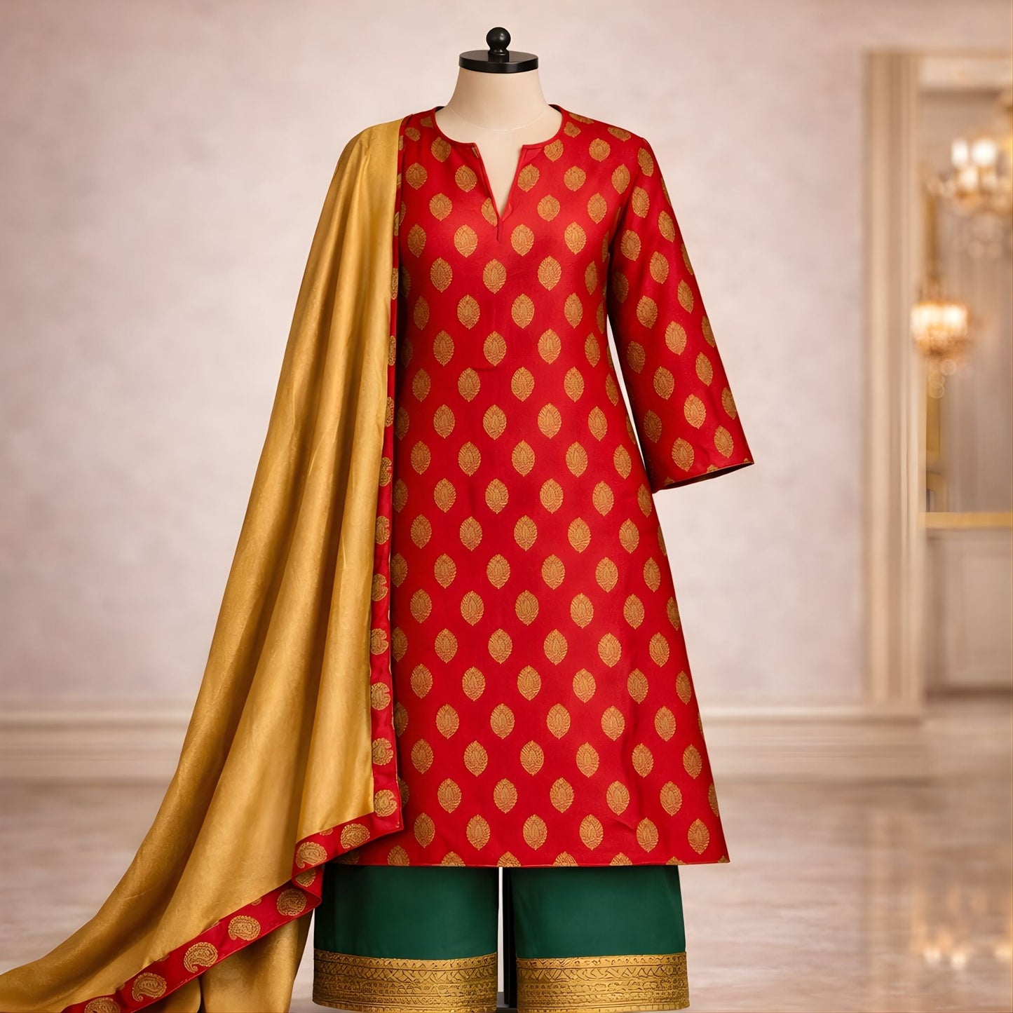 Red & Gold Silk 3 - Piece Shalwar Kameez with Plazo & Dupatta - A.L.A Collection