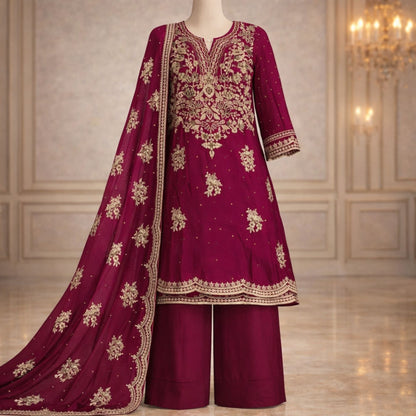 Zari Embroidered Royal Maroon - 3pc Suit - A.L.A Collection