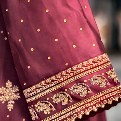 Zari Embroidered Royal Maroon - 3pc Suit - A.L.A Collection